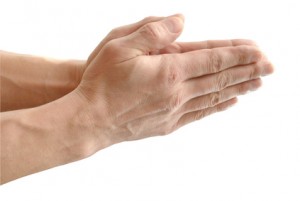 The Built palm, in gesture of the prayer, on white background close-up, isolated.