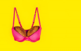 Two coconuts in bright pink bra on yellow background. Woman breast surgery metaphor.